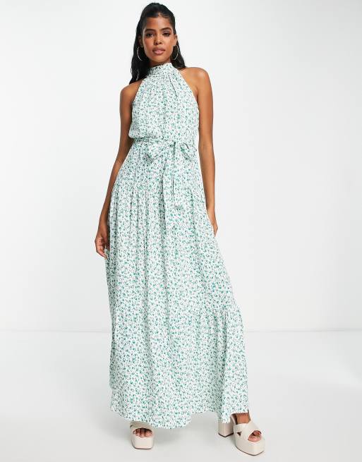 Vestido semilargo verde escalonado con cuello alto y estampado floral de Style Cheat, 4 de 4