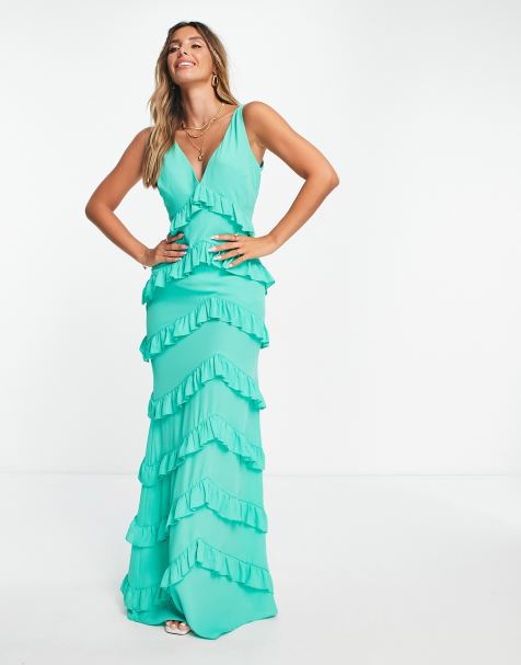 Vestido semilargo verde escalonado con volantes de Pretty Lavish - view 1