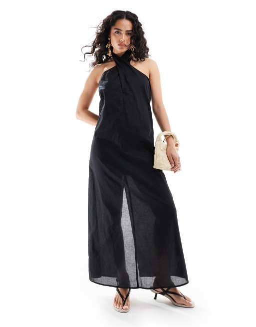 Vestido semilargo verde oliva con espalda baja y cuello halter de EDITED