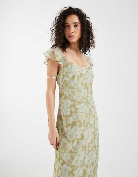 Vestido semilargo verde pálido con estampado floral y cuello ancho Risala de Motel - view 1