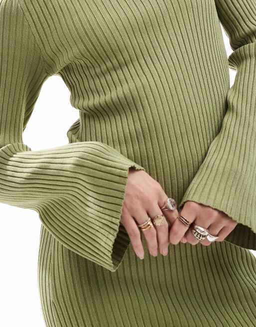 Vestido semilargo verde salvia con mangas acampanadas de punto de ONLY, 3 de 4