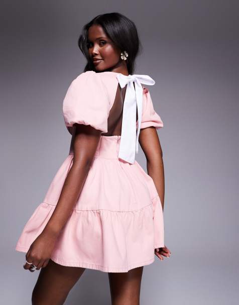 Vestido skater corto rosa claro con cuerpo estilo corsé y mangas abullonadas de ASOS LUXE - view 1