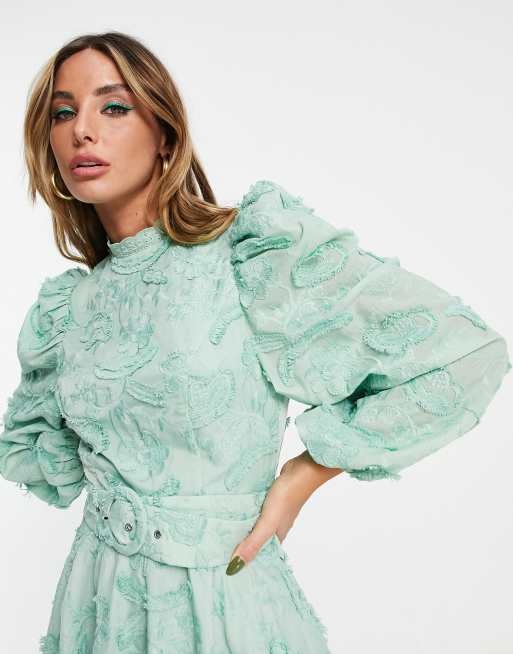 Cabeza meditación Mus Vestido skater corto verde salvia con cinturón de jacquard texturizado de  ASOS DESIGN | ASOS