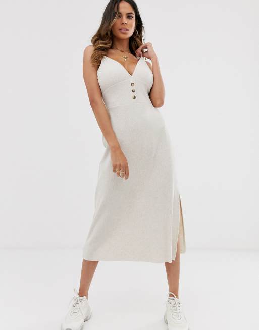 Vestido skater midi con costuras en canalé con detalle de botón de ASOS DESIGN