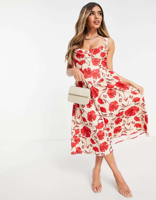 Vestido skater midi con cuello desbocado, cintura estilo corsé y estampado floral de ASOS DESIGN