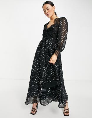Vestido skater midi con detalles de encaje desflecado y estampado de lunares de tejido suave de ASOS DESIGN 