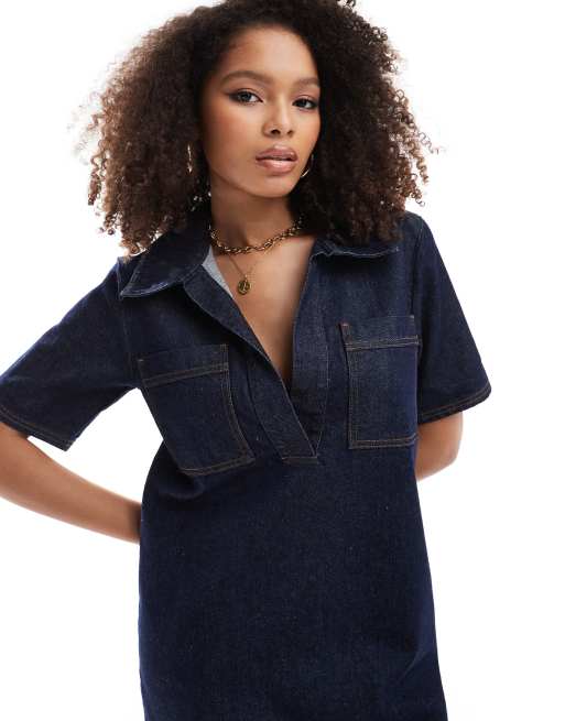 Vestido vaquero azul medio de corte acampanado con solapas de ASOS DESIGN, 2 de 4