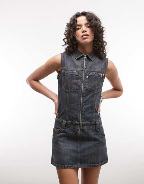 Vestido vaquero con lavado oscuro y cintura baja de COLLUSION - view 1