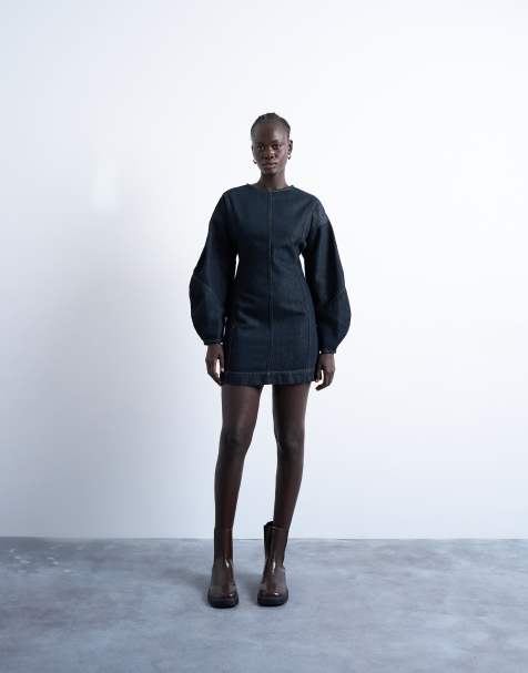 Vestido vaquero corto azul añil con mangas ovoides y acabado enjuagado de Topshop - view 1