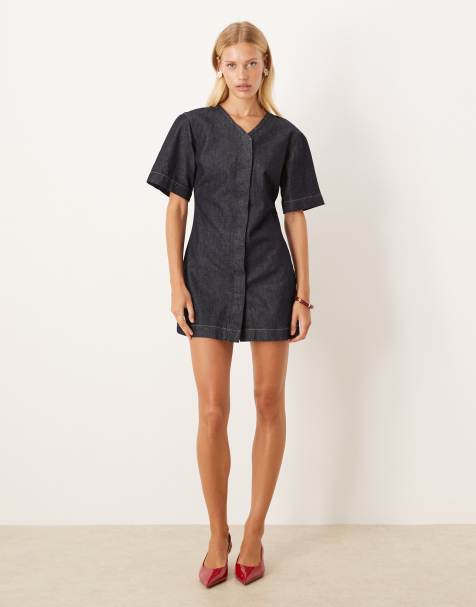 Vestido vaquero corto azul añil de manga corta con cuello de pico subido de ASOS DESIGN - view 1