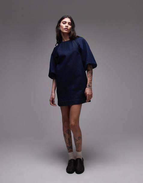 Vestido vaquero corto azul añil efecto crudo de corte recto con mangas globo de Topshop - view 1
