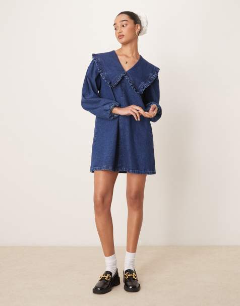 Vestido vaquero corto azul con lavado medio y solapas extragrandes de ASOS DESIGN - view 1