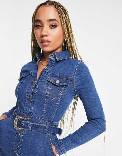 Vestido vaquero corto azul medio con cinturón de estilo western de Parisian, 3 de 4