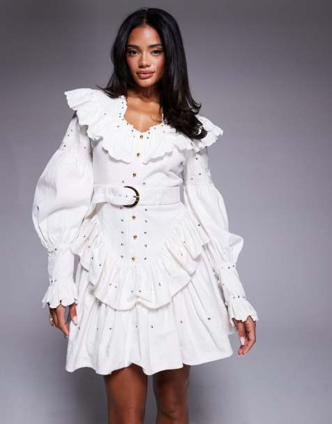 Vestido vaquero corto blanco de estilo wéstern con tachuelas de ASOS LUXE - view 1