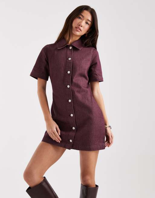 Vestido vaquero corto morado ciruela abotonado de ASOS DESIGN, 3 de 4