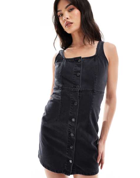 Vestido vaquero corto negro con botones delanteros de Don't Think Twice - view 1