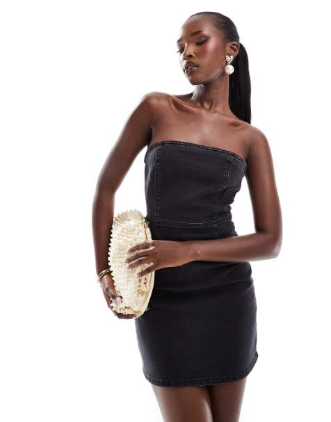 Vestido vaquero corto negro lavado ajustado con escote palabra de honor de ASOS DESIGN - view 1