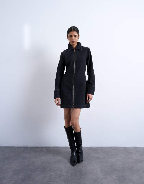 Vestido vaquero corto negro lavado de manga larga con cremallera de Topshop - view 1
