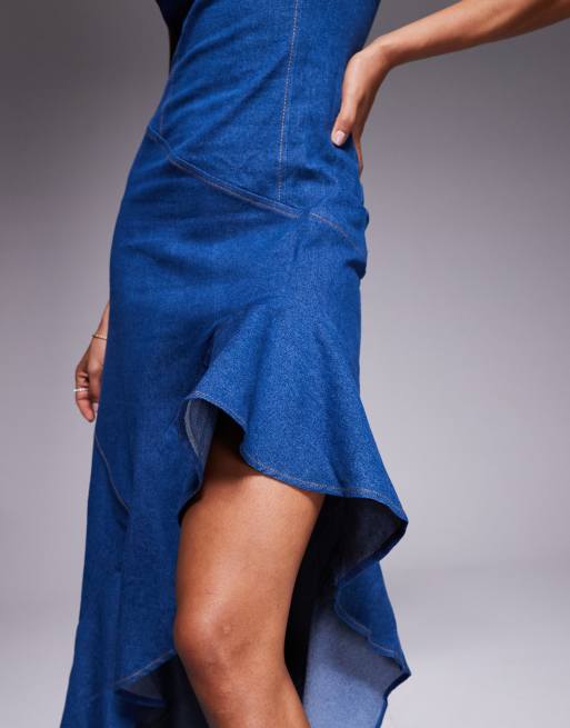 Vestido vaquero largo azul con volante asimétrico de Goddiva, 2 de 4