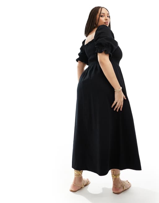Vestido vaquero largo negro con mangas abullonadas de denim suave de ASOS DESIGN Curve, 2 de 4