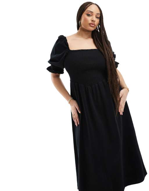 Vestido vaquero largo negro con mangas abullonadas de denim suave de ASOS DESIGN Curve, 4 de 4