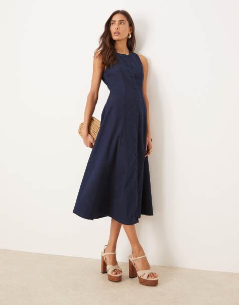 Vestido vaquero midi azul añil acampanado sin mangas con botones Shari de Nobody's Child - view 1