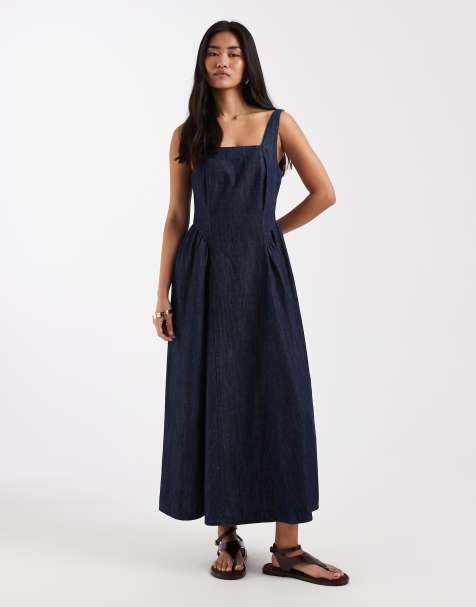 Vestido vaquero midi azul añil con escote cuadrado de New Look - view 1