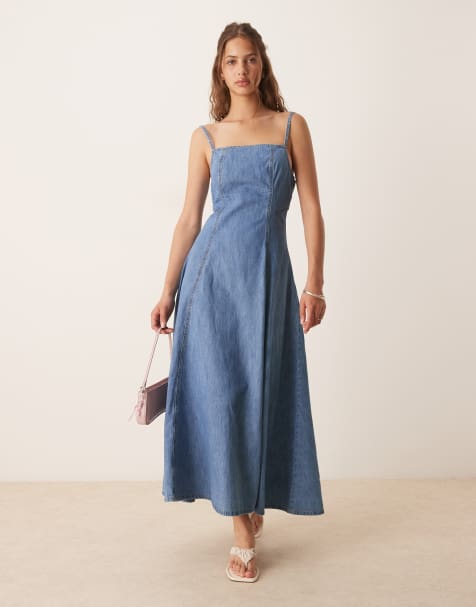 Vestido vaquero midi azul de corte evasé y tirantes con lavado medio de denim suave de ASOS DESIGN - view 1