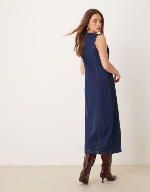 Vestido vaquero midi azul oscuro sin mangas abotonado de - Main Image
