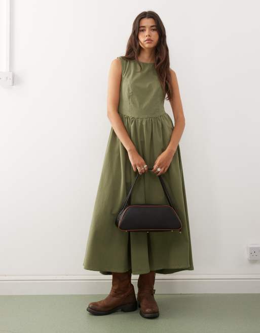 Vestido vaquero midi verde oliva lavado con lazada en la espalda de Reclaimed Vintage 