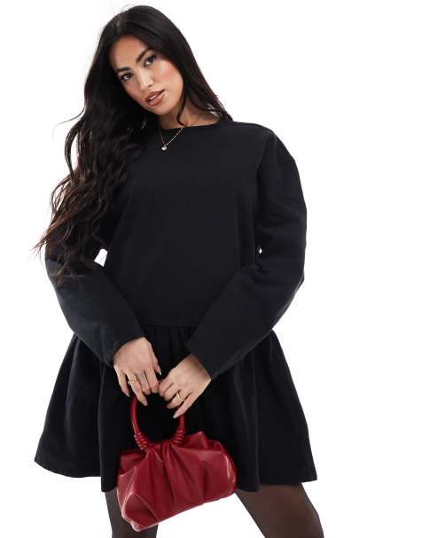 Vestido vaquero negro estilo camiseta de manga larga con lazada al cuello de Miss Selfridge - view 1