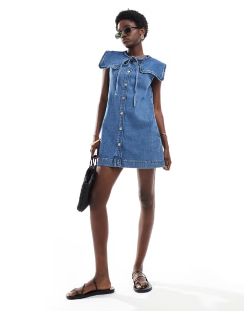Vestido vaquero sin mangas con lavado medio, solapas extragrandes y lazada de Miss Selfridge - view 1