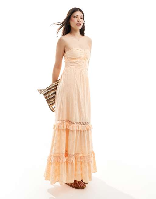 Vestido veraniego color melocotón intenso con escote palabra de honor, detalle estilo corsé abotonado y diseño bordado premium de ASOS DESIGN