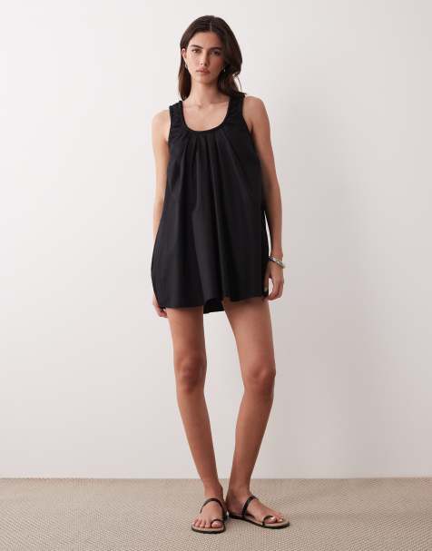 Vestido veraniego corto negro con cuello ancho fruncido de popelina de ASOS DESIGN - view 1