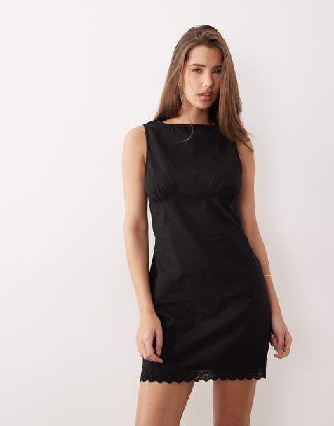 Vestido veraniego corto negro con cuello barco, pecho moldeado y bajo de bordado inglés de ASOS DESIGN - view 1