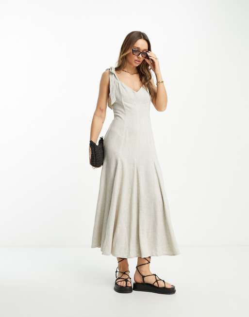 Vestido veraniego largo beis de tirantes anudados con vuelo y falda de godets de lino de ASOS DESIGN