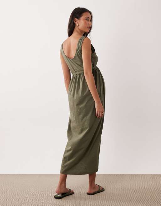 Vestido veraniego largo caqui oscuro abotonado con diseño para lactancia doble de Mamalicious Maternity, 3 de 4