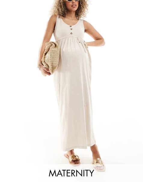 Vestido veraniego largo color crema abotonado con diseño de lactancia doble de Mamalicious Maternity - view 1