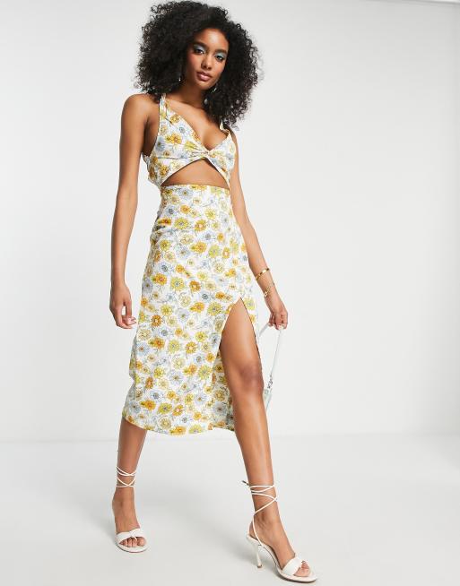 Vestido veraniego largo con abertura, detalle anudado delantero, tirantes en las espalda y estampado floral de ASOS DESIGN