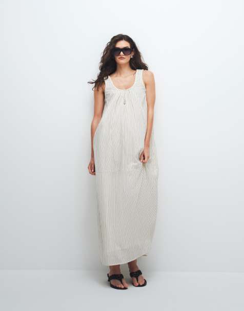 Vestido veraniego largo monocromático a rayas con cuello ancho fruncido de popelina de ASOS DESIGN - view 1