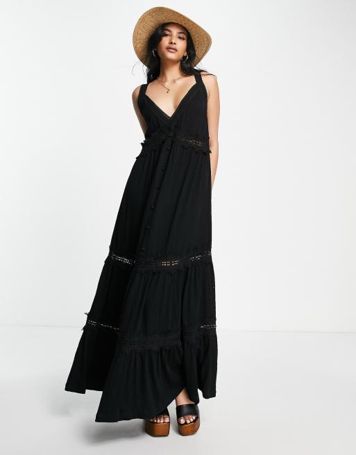 Vestido veraniego largo negro con cuello de pico y diseño bordado de ASOS DESIGN, 4 de 4