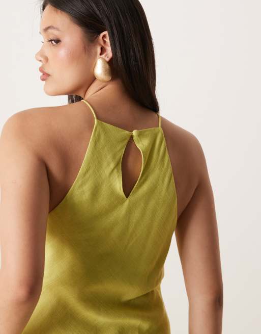 Vestido veraniego largo verde lima con cuello de nadadora de tejido efecto lino de ASOS DESIGN , 4 de 4