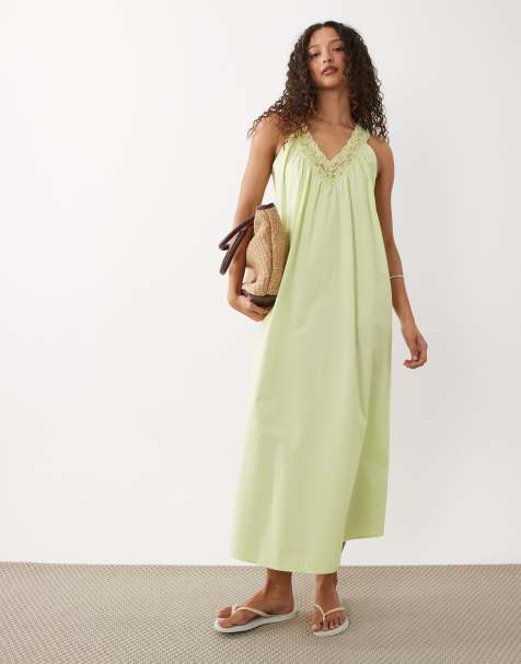 Vestido veraniego largo verde lima lavado amplio de popelina con cuello de pico y capa superior de encaje de ASOS DESIGN - view 1