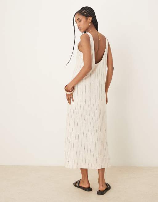 Vestido veraniego midi beis con cuello ancho y estampado estilo dibujado de lino de ASOS DESIGN, 3 de 4