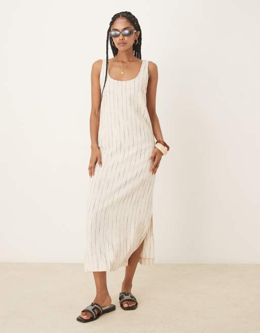 Vestido veraniego midi beis con cuello ancho y estampado estilo dibujado de lino de ASOS DESIGN, 4 de 4
