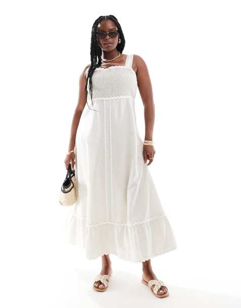 Vestido veraniego midi color avena con ribetes ondulados en contraste de lino de ASOS DESIGN Curve - view 1