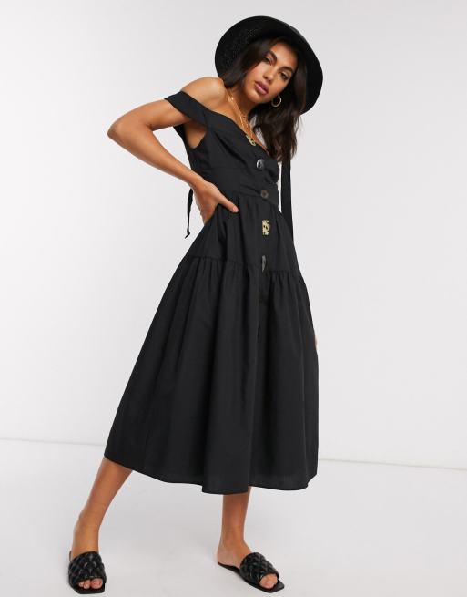 Vestido veraniego midi con escote Bardot y botones de mezcla en polelina y algodón negro de ASOS DESIGN