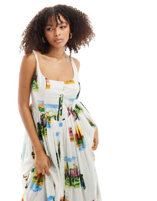 Vestido veraniego midi con estampado de postales de voile de ASOS DESIGN, 2 de 4