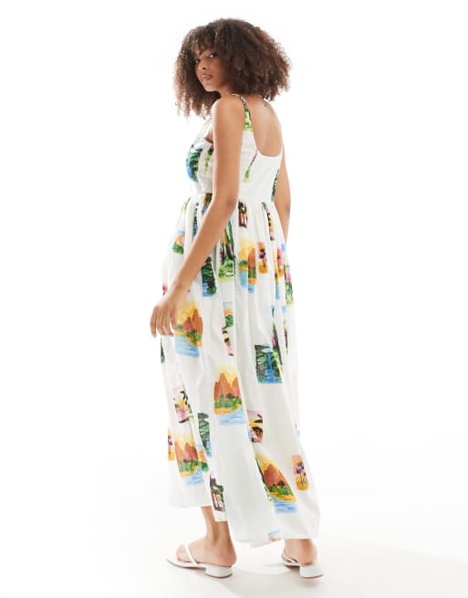 Vestido veraniego midi con estampado de postales de voile de ASOS DESIGN, 4 de 4