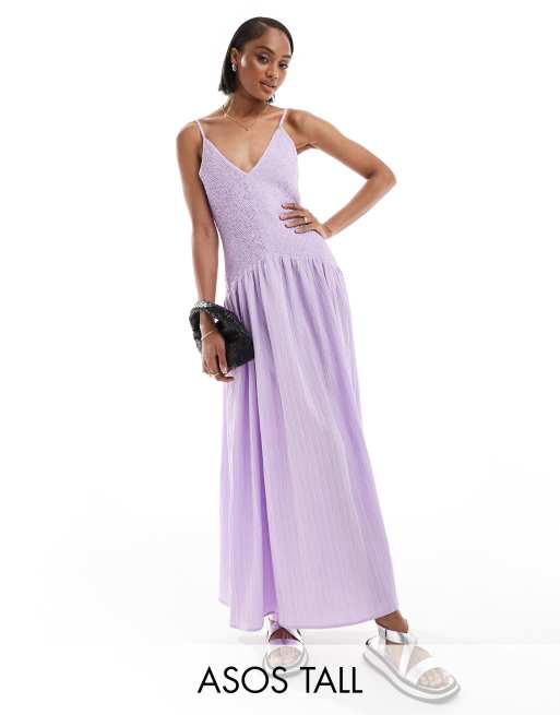 Vestido veraniego midi lila de falda de corte amplio de tejido rugoso de ASOS DESIGN Tall